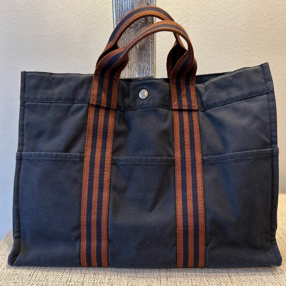 Hermes Blue Canvas Tote with Brown Striped Handles